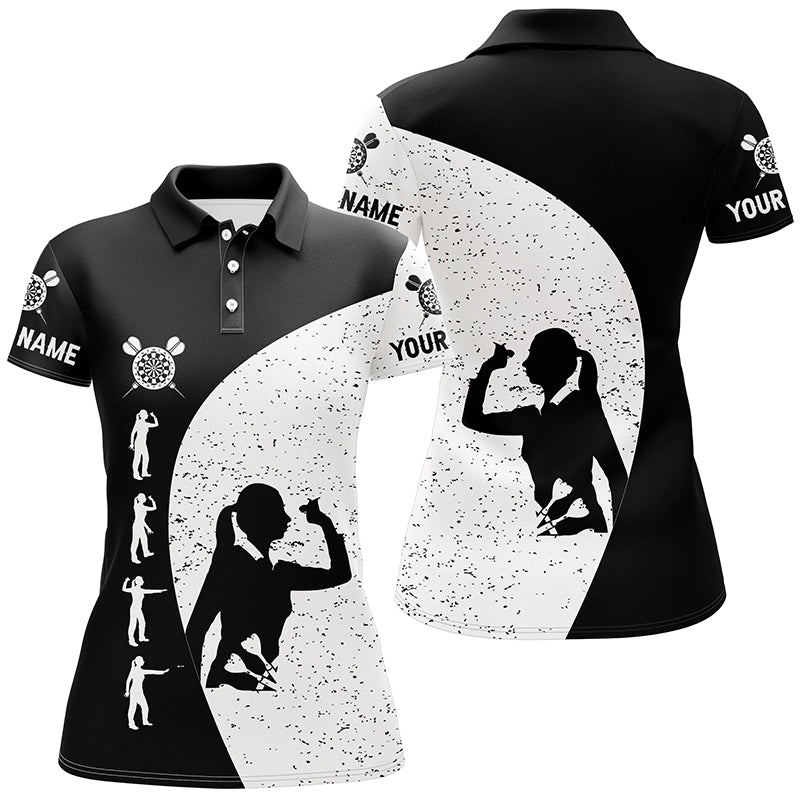 Personalisiertes Damen Darts Polo Shirt in Schwarz-Weißem Grunge-Stil, Darts Trikot für Frauen Y30 - Climcat