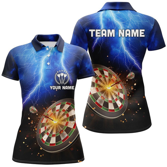 Personalisiertes Damen Darts Polo Shirt mit Donner und Blitz, individuell anpassbares Dart-Trikot für Frauen | Blau T991 - Climcat