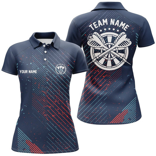 Personalisiertes Damen Darts Polo Shirt mit rotem blauem geometrischem Muster, dunkelblaues Darts Trikot U936 - Climcat