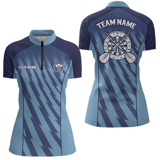 Personalisiertes Damen Darts-Quartal-Zip-Shirt mit blauem Verlauf und Blitzmotiv, Darts-Trikot V42 - Climcat