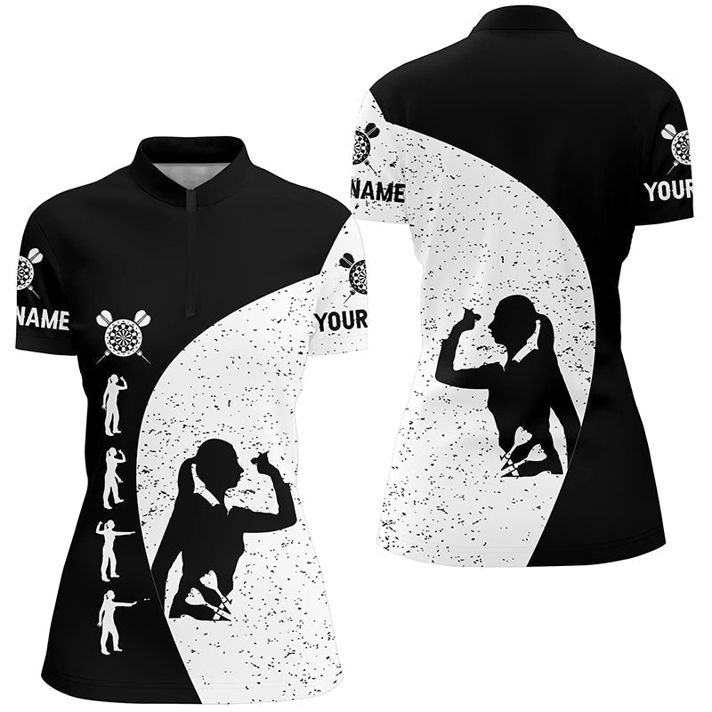 Personalisiertes Damen Darts Quarter-Zip Shirt in Schwarz-Weißem Grunge-Stil, Darts-Trikot für Frauen LDT0339 C557 - Climcat