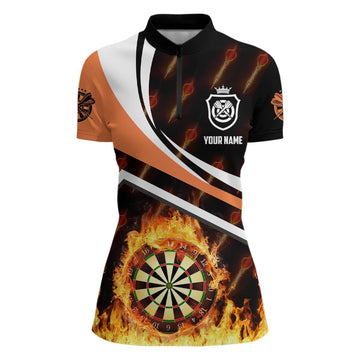 Personalisiertes Damen Darts-Shirt mit orangenem Feuerflammen-Motiv, individuell anpassbares 1/4 Zip Darts-Trikot W989 - Climcat