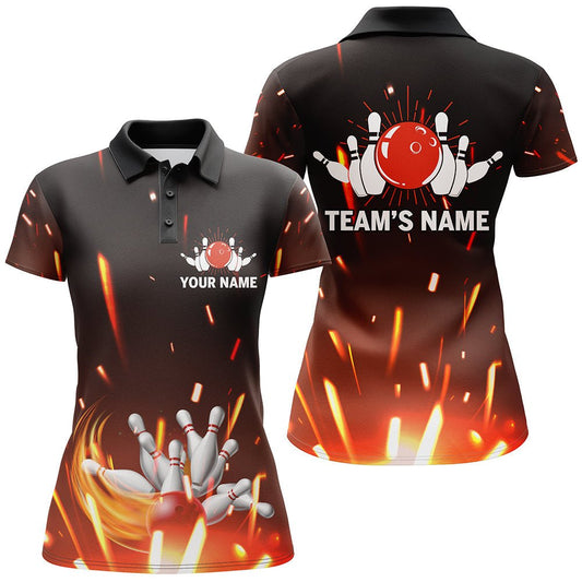 Personalisiertes Damen Polo Bowling Shirt mit Flammen Bowlingkugel und Pins, Kurzarm Polo für Bowling Damen B06 - Climcat