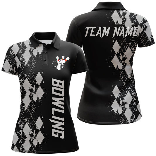 Personalisiertes Damen Polo Bowling Shirt mit individuellem Namen, Argyle-Muster und Teamlogo - B23 - Climcat