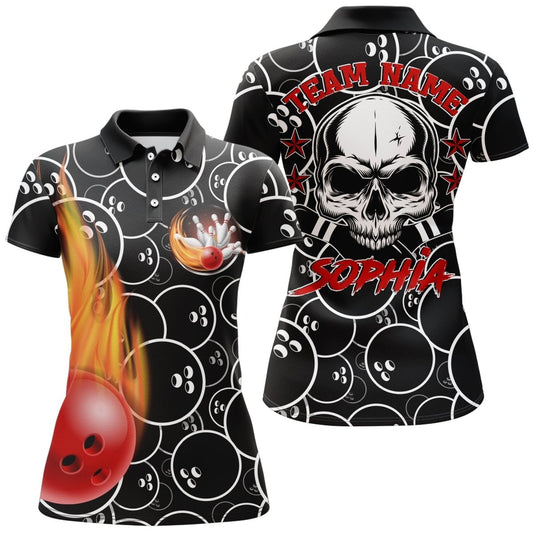 Personalisiertes Damen Polo Flame Bowling Shirt mit coolen Totenkopf-Pins, schwarz, kurzärmelig, für Bowling-Frauen B02 - Climcat