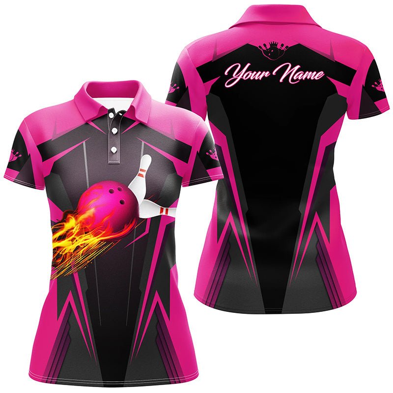 Personalisiertes Damen Polo-Shirt mit Flammen Bowlingkugel Pins, Bowling Trikots für Bowler | Pink Q7014 - Climcat