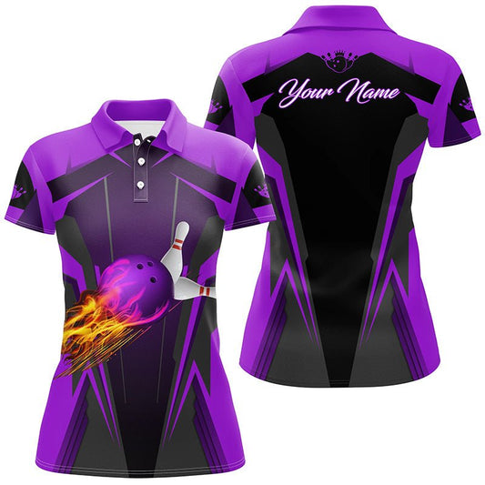 Personalisiertes Damen Polo-Shirt mit Flammen-Bowlingkugeln und Bowling-Pins | Bowlingtrikots für Bowlerinnen | Lila Q6440 - Climcat