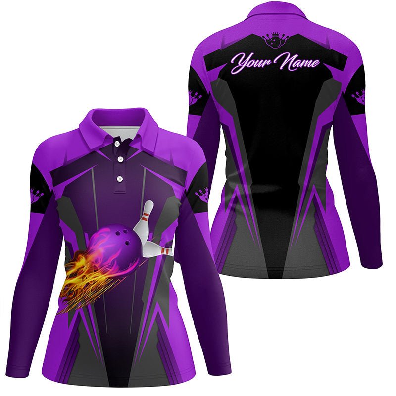 Personalisiertes Damen Polo-Shirt mit Flammen-Bowlingkugeln und Bowling-Pins | Bowlingtrikots für Bowlerinnen | Lila Q6440 - Climcat