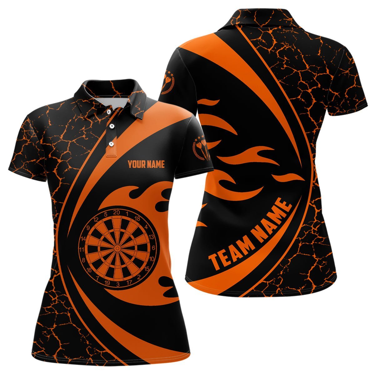 Personalisiertes Damen Polo Shirt mit orangenem Feuerflammen-Darts, Darts Shirt für Frauen, Darts Trikot Q517 - Climcat
