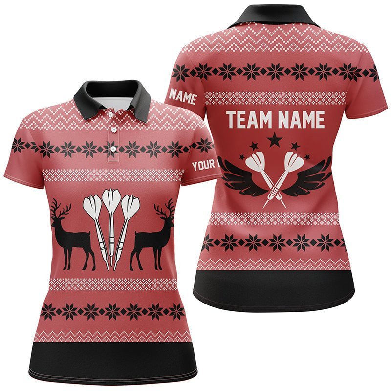 Personalisiertes Damen Polo Shirt mit Weihnachtsrentieren für Darts, individuell anpassbares Darts-Trikot für Frauen in Rot X429 - Climcat