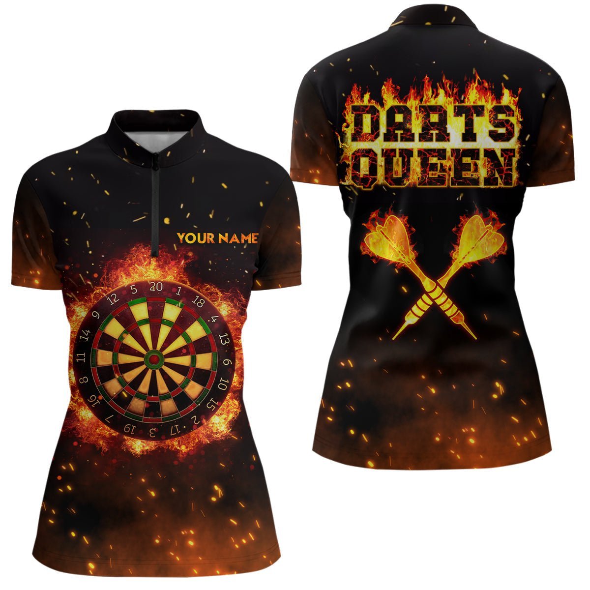 Personalisiertes Damen-Quarter-Zip-Shirt mit Flammen-Darts-Königin-Motiv, individuell anpassbares Feuer-Darts-Trikot mit eigenem Namen B282 - Climcat