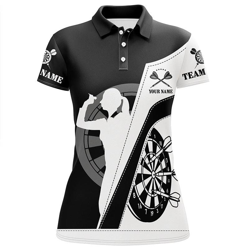 Personalisiertes Dart Polo Shirt für Damen mit schwarz-weißem All-Over-Print, individuell anpassbares Darts Shirt T96 - Climcat