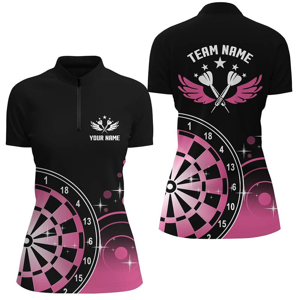 Personalisiertes Dartflügel-Schwarzes Pinkes 1/4 Zip Shirt Niedliches Damen Dartshirt Dart Trikot P371 - Climcat
