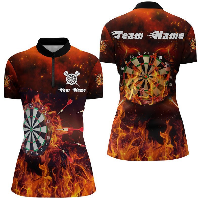 Personalisiertes Darts Damen 1/4 Zip Shirt mit Feuerflammen-Motiv, individuell anpassbares Dart-Trikot Y84 - Climcat