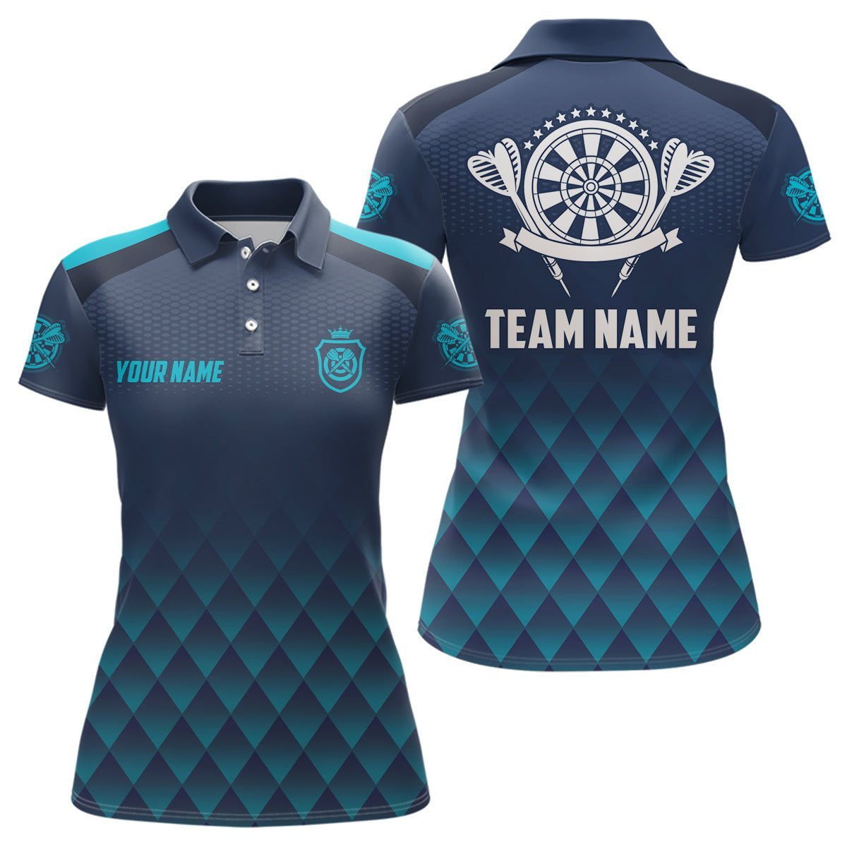 Personalisiertes Darts Polo-Shirt für Damen mit geometrischem Muster in Blau-Navy, Grundausstattung für Darts-Jersey L330 - Climcat