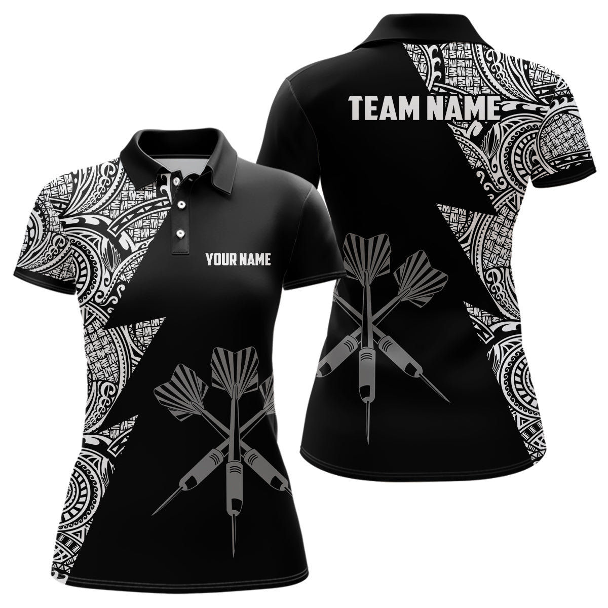 Personalisiertes Darts Polo Shirt für Frauen mit Blitz-Tribal-Muster in Schwarz und Weiß, Darts Trikot G724 - Climcat