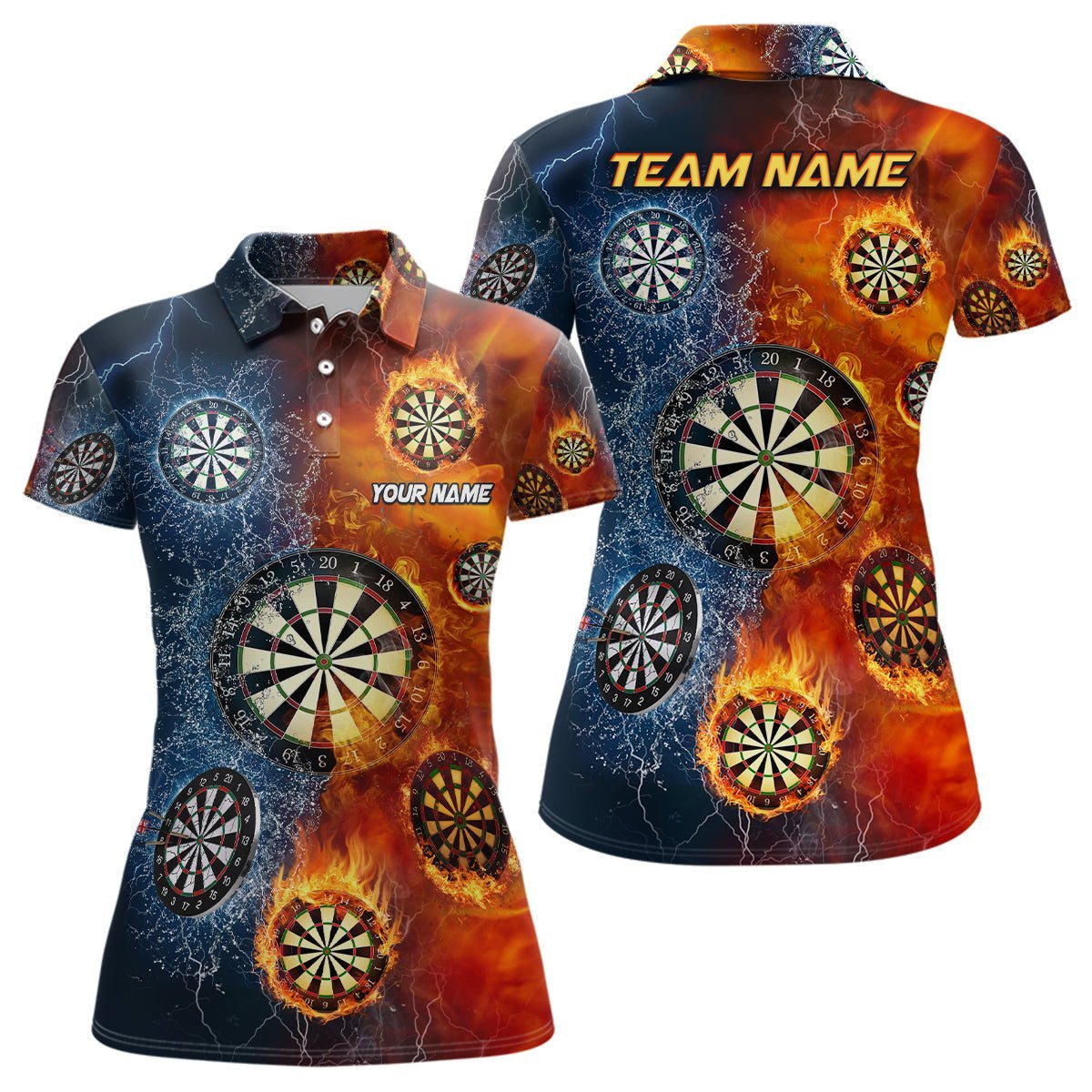 Personalisiertes Darts Polo Shirt für Frauen mit Feuer- und Wasserdesign, Dart Team Trikot W632 - Climcat