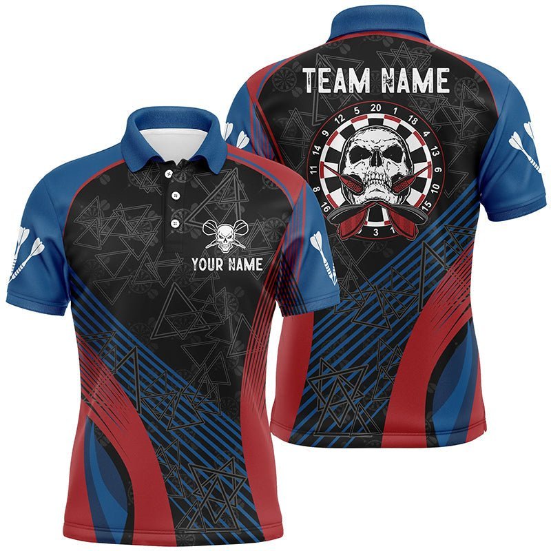 Personalisiertes Darts Polo Shirt für Herren in Blau und Rot mit individuellem Totenkopf-Motiv, cooles Dart-Shirt Z305 - Climcat