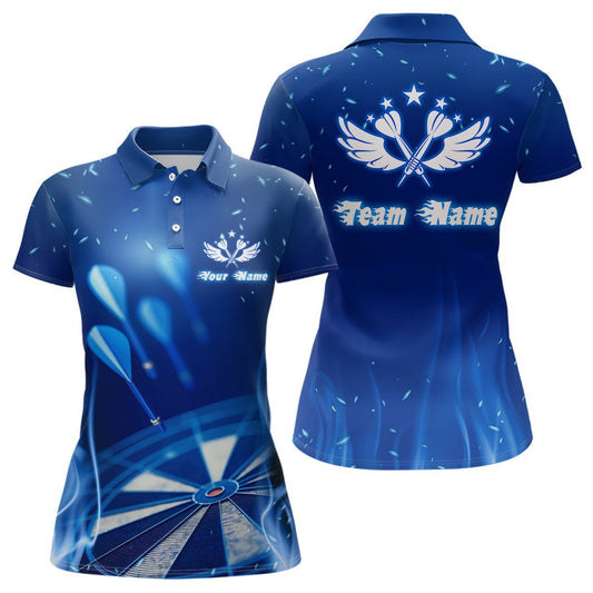 Personalisiertes Darts Polo Shirt mit blauer Feuerflamme und Stern, individuell anpassbares cooles Dart-Trikot für Frauen E627 - Climcat