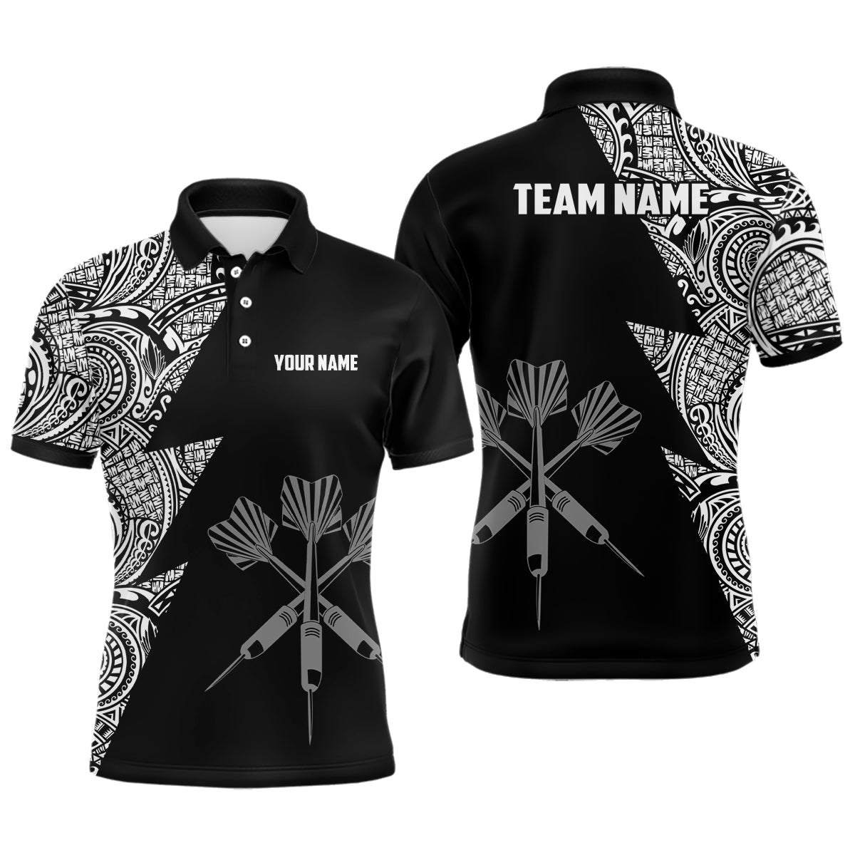 Personalisiertes Darts Polo Shirt mit Blitz-Tribal-Muster in Schwarz-Weiß, individuell anpassbares Darts-Trikot für Herren T951 - Climcat