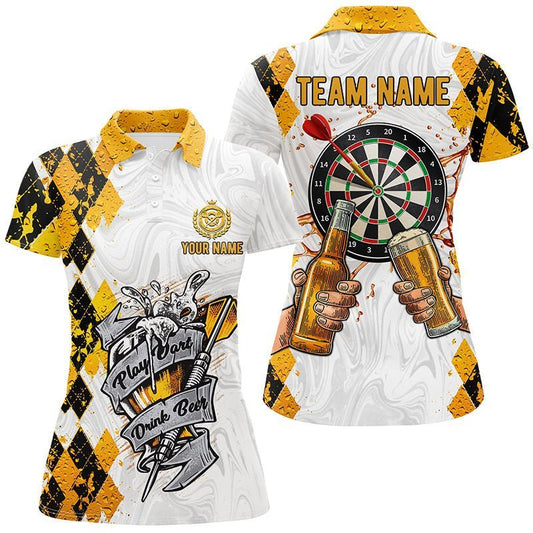 Personalisiertes Darts Polo Shirt mit 'Play Dart Drink Beer' Motiv, Argyle-Muster, für Damen V877 - Climcat