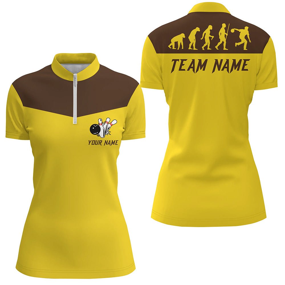 Personalisiertes Evolution Bowling Quarter Zip Shirt für Damen | Retro Bowling Team Trikots | Gelb Q6890 - Climcat