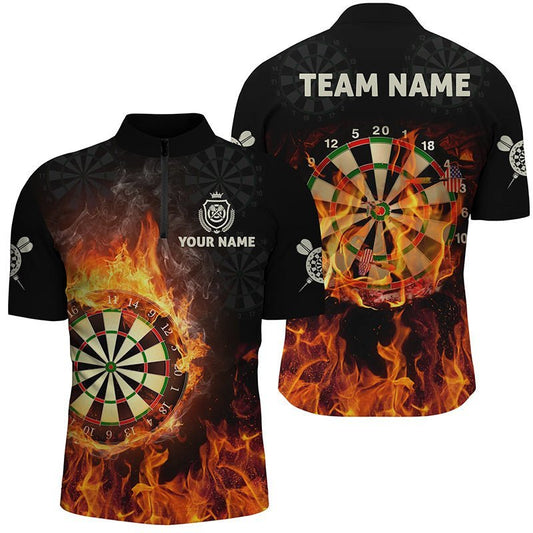 Personalisiertes Flammen USA Darts 1/4 Zip Shirt, individuell anpassbares Feuer-patriotisches Darts-Trikot für Herren Q706 - Climcat