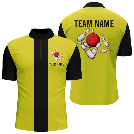 Personalisiertes Gelb Schwarz Retro Bowling Quarter Zip Shirt für Herren - Individuelle Vintage-Bowling-Teamtrikots Q6981 - Climcat