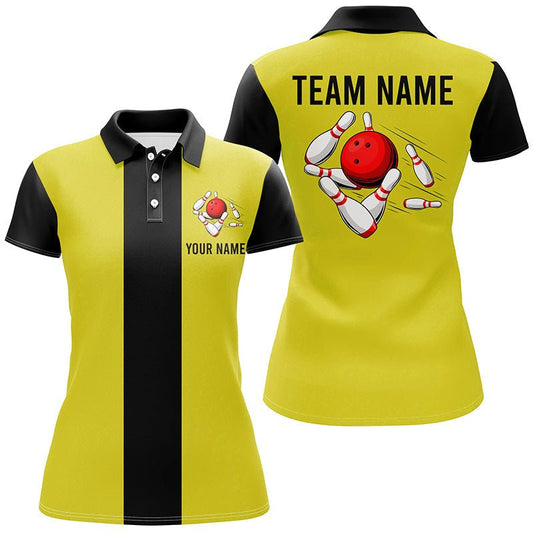 Personalisiertes Gelb-Schwarzes Retro Bowling Polo-Shirt für Damen - Individuelle Vintage-Bowling-Teamtrikots Q6981 - Climcat