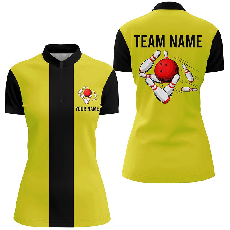 Personalisiertes Gelb-Schwarzes Retro-Bowling-Quarter-Zip-Shirt für Damen - Individuelles Vintage-Bowling-Teamtrikot Q6981 - Climcat