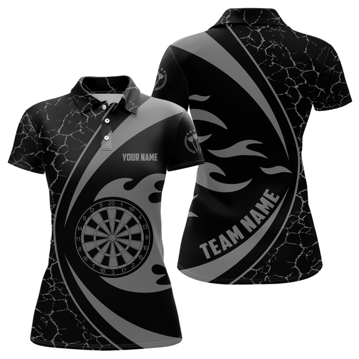 Personalisiertes graues Feuerflammen-Darts-Polo-Shirt für Frauen, Darts-Shirt für das Darts-Team X385 - Climcat