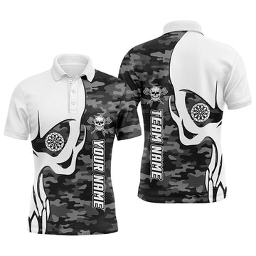 Personalisiertes graues Tarnmuster Herren Skull Darts Polo Shirt, individuell anpassbares Darts Shirt für Männer, Dart Trikot M636 - Climcat