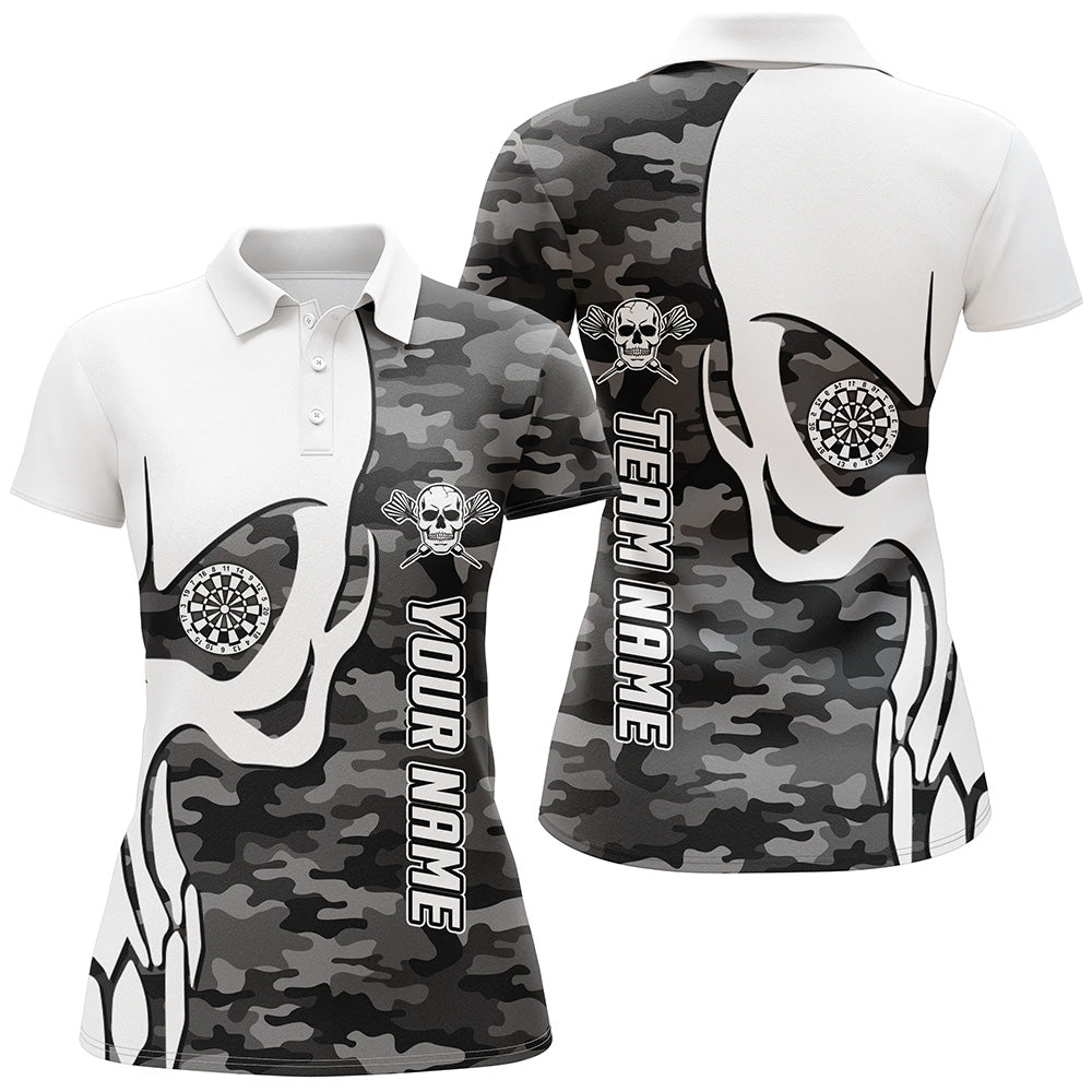 Personalisiertes graues Tarnmuster Skull Darts Polo Shirt, individuell anpassbares Darts Shirt für Frauen, Dart Trikot D562 - Climcat