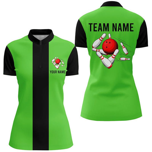 Personalisiertes Grün Schwarz Retro Bowling Quarter Zip Shirt für Damen - Individuelle Vintage Bowling Team Trikots Q6804 - Climcat