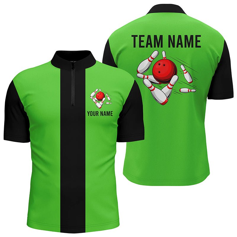 Personalisiertes Grün Schwarz Retro Bowling Quarter Zip Shirt für Herren - Individuelle Vintage-Bowling-Teamtrikots Q6804 - Climcat