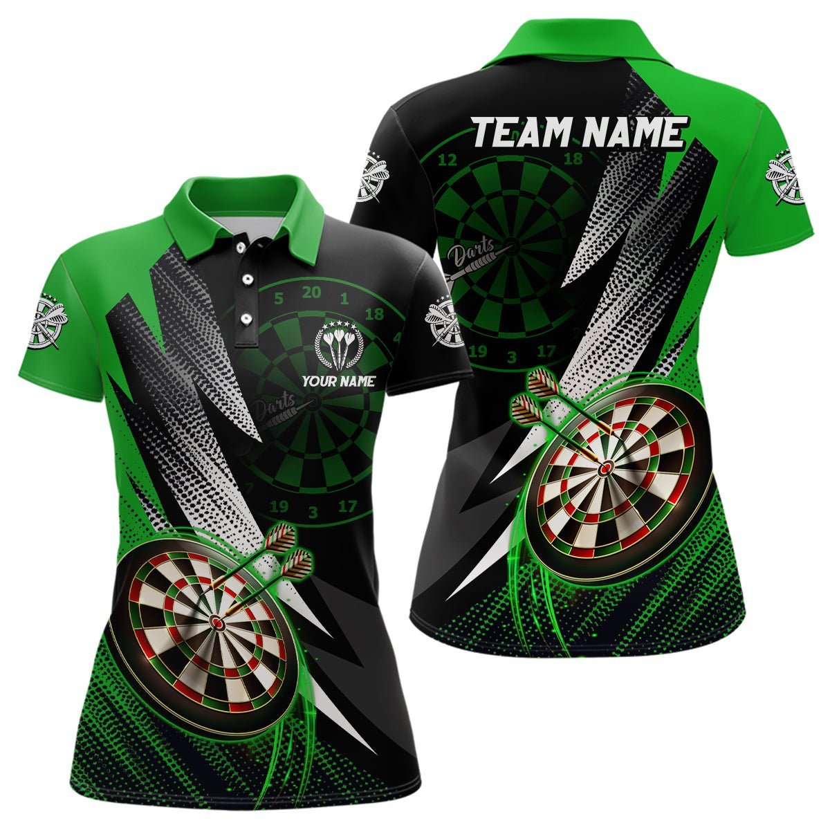 Personalisiertes grün-schwarzes Darts Polo Shirt, individuell anpassbares cooles Darts Shirt für Damen, Team Trikot K775 - Climcat