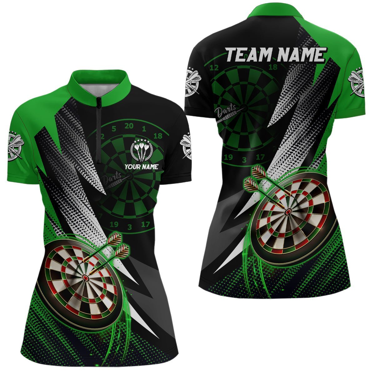 Personalisiertes grün-schwarzes Darts-Quarter-Zip-Shirt, individuell anpassbares cooles Darts-Trikot für Frauen L868 - Climcat