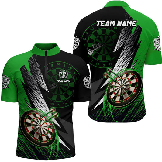 Personalisiertes grün-schwarzes Darts-Quarter-Zip-Shirt, individuell anpassbares cooles Darts-Trikot für Herren S608 - Climcat