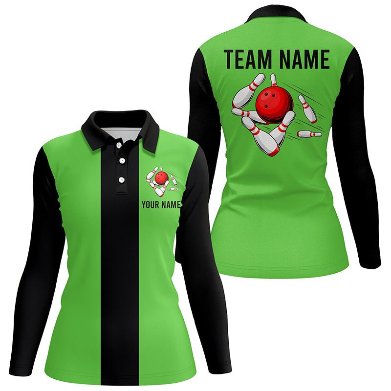 Personalisiertes grün-schwarzes Retro-Bowling-Poloshirt für Damen - individuelle Vintage-Bowling-Teamtrikots Q6804 - Climcat