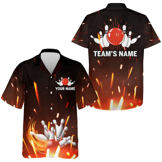 Personalisiertes Hawaiianisches Bowling-Hemd mit Flammen-Bowlingkugel und Pins, Kurzarm-Team-Bowler-Jersey B06 - Climcat