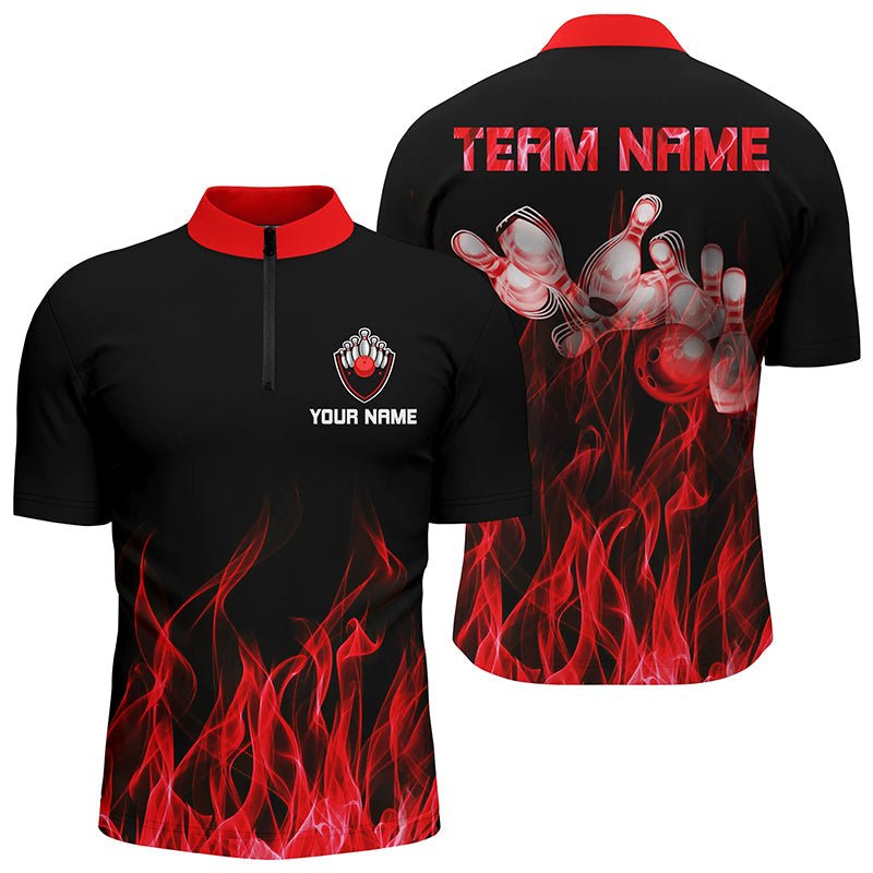 Personalisiertes Herren 1/4 Zip Bowling-Shirt in Rot mit Flammen Bowlingkugel und Pins, Bowling-Trikots für Bowler | NQS5488 - Climcat