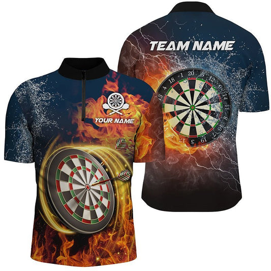 Personalisiertes Herren-Blitz- und Donner-Darts-Quarter-Zip-Shirt mit Wasser- und Feuerdesign, Darts-Trikot LDT0303 E321 - Climcat