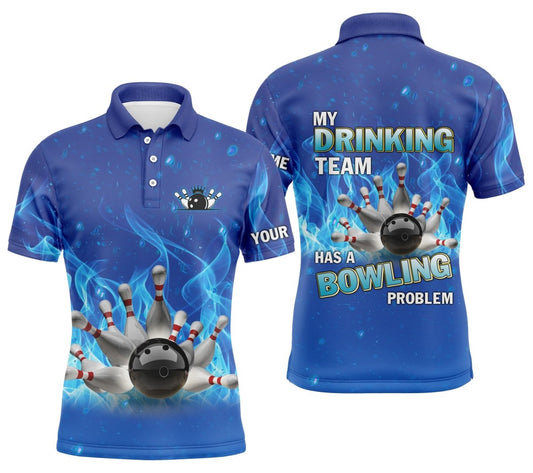 Personalisiertes Herren Bowling Polo Shirt blau mit Flammen Bowlingkugel und Pins, Mein Trinkteam Bowling Problem Q4505 - Climcat