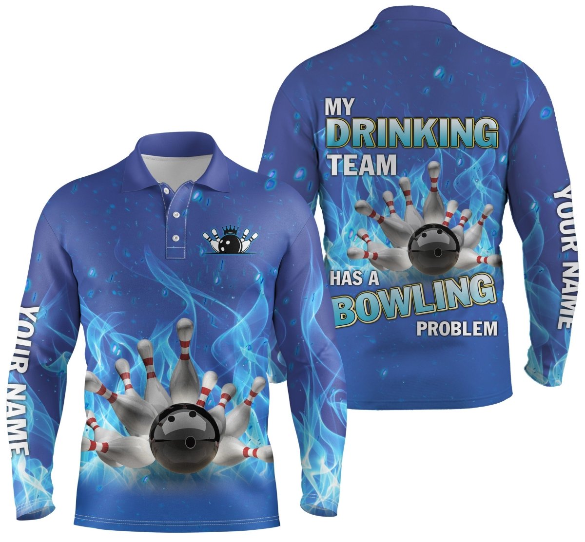 Personalisiertes Herren Bowling Polo Shirt blau mit Flammen Bowlingkugel und Pins, Mein Trinkteam Bowling Problem Q4505 - Climcat