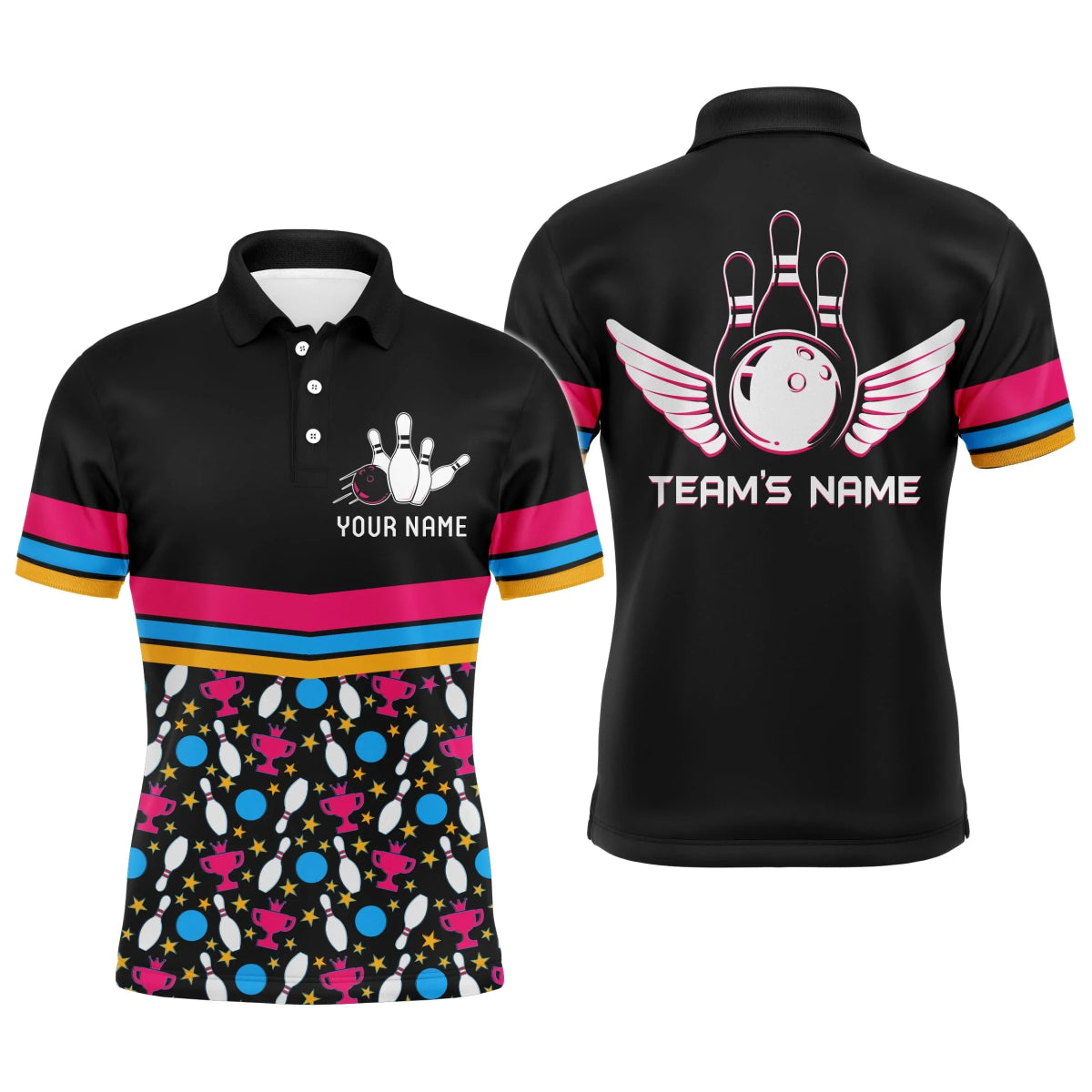 Personalisiertes Herren Bowling Polo Shirt Bunte Bälle und Pins Champion Kurzarm Männer Bowler B11 - Climcat