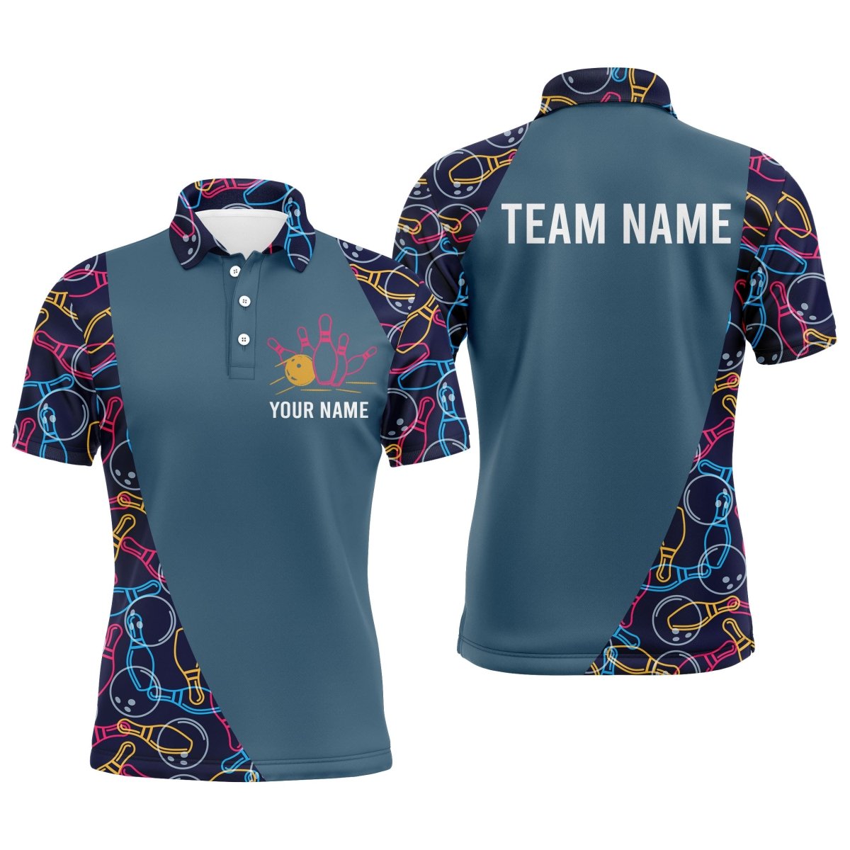 Personalisiertes Herren Bowling Polo Shirt mit Bowlingkugel- und Pins-Muster, Bowling-Team-Trikot NBP25 - Climcat