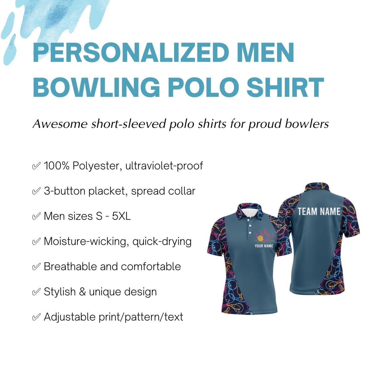 Personalisiertes Herren Bowling Polo Shirt mit Bowlingkugel- und Pins-Muster, Bowling-Team-Trikot NBP25 - Climcat