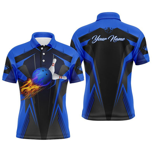 Personalisiertes Herren Bowling Polo Shirt mit Flammen Bowlingkugel und Pins, Bowling Polo für Herren | Blau Q4527 - Climcat