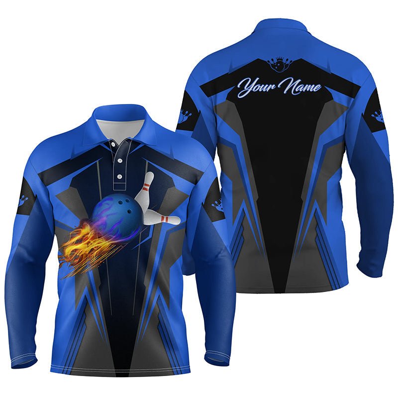 Personalisiertes Herren Bowling Polo Shirt mit Flammen Bowlingkugel und Pins, Bowling Polo für Herren | Blau Q4527 - Climcat