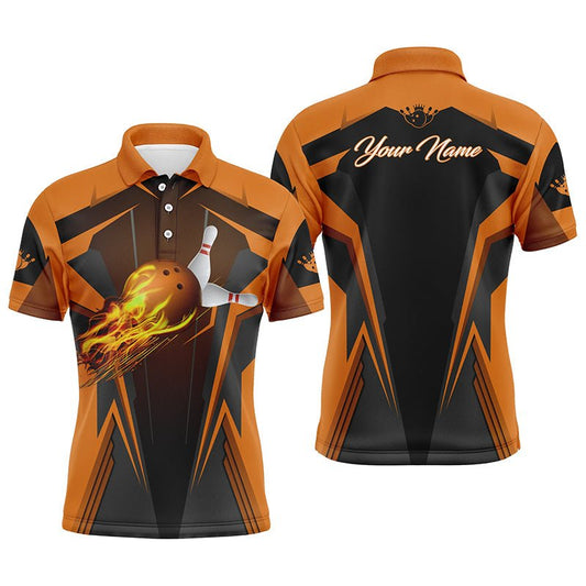 Personalisiertes Herren Bowling Polo Shirt mit Flammen Bowlingkugel und Pins, Bowling Polo für Herren | Orange Q4528 - Climcat